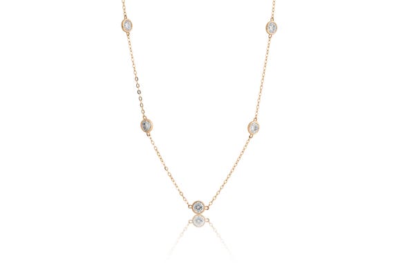 By Yard Station Necklace 3.00tcw Created Diamond 14k Yellow Gold Bezel Chain 18/"