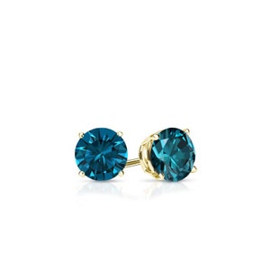 14K Solid Yellow Gold Natural Round Blue Diamond Push Back Stud Earrings 0.15 CT