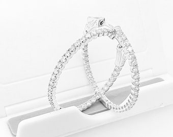 18K/750 Solid White Gold Inside Out Round Hoop Earrings Natural Diamonds 1.54ctw