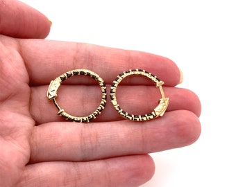 14K Yellow Gold Black Round Brilliant Huggie Diamond Inside Out Hoop Earrings 2CTW