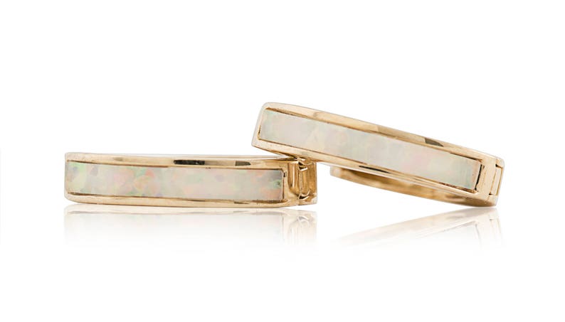 Opal Huggie Stright Hoop Small Earrings 10mmX1.5mm 14K Solid Yellow Gold