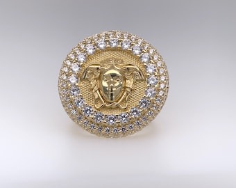 14K Solid Yellow Gold Lab Grown Diamond Medusa Head Men's Ring 3.00ctw