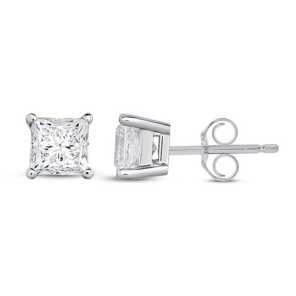 Princess Square Cut Created Diamond Stud Earrings 14K White Gold Sterling Silver Push Back 2.00ctw
