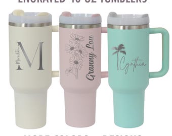 Personalized 40oz Tumbler with Handle Custom Engraved Tumbler Birth Flower Custom Name Tumbler for Mom Mama Grandma Monogrammed Tumbler