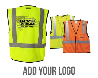 May include: Three safety vests, one yellow, one green, and one orange, with reflective strips. The yellow vest has a logo that says "IGY Construction" with a phone number. The orange vest has a smaller logo that says "IGY Construction". The text "ADD YOUR LOGO" is at the bottom of the image.
