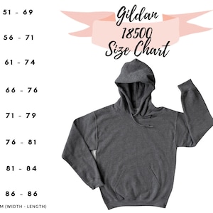 May include: Gildan 18500 size chart for hoodies. The chart shows sizes from S to 5XL with corresponding width and length measurements in centimetres. *SIZE IN CM (WIDTH - LENGTH)