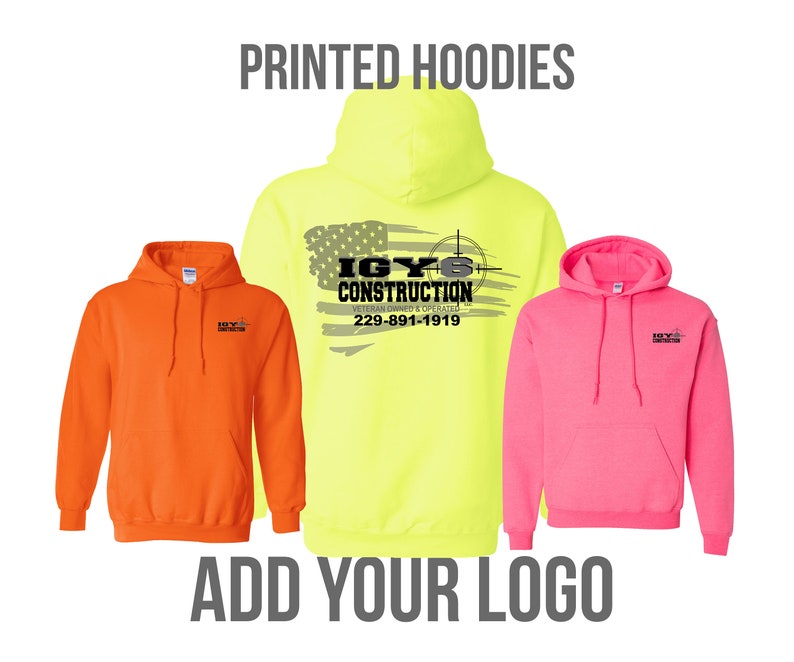 May include: Three printed hoodies in different colours: orange, neon yellow, and pink. The neon yellow hoodie has a logo with the text "IGY Construction" and a stylised American flag. The other two hoodies have a smaller logo with the text "IGY Construction".