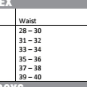Pode incluir: Tabela de tamanhos para roupas unissex com medidas de cintura e comprimento da perna interna em polegadas. Os tamanhos variam de S a 3X. As medidas de cintura variam de 28-30 polegadas a 39-40 polegadas. As medidas de comprimento da perna interna variam de 30-31 polegadas a 36-37 polegadas.