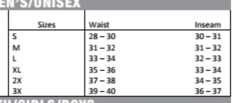 Pode incluir: Tabela de tamanhos para roupas unissex com medidas de cintura e comprimento da perna interna em polegadas. Os tamanhos variam de S a 3X. As medidas de cintura variam de 28-30 polegadas a 39-40 polegadas. As medidas de comprimento da perna interna variam de 30-31 polegadas a 36-37 polegadas.