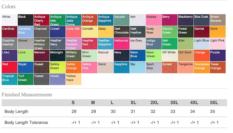 May include: A color chart with various color swatches, including white, black, red, and blue, along with finished measurements for body length ranging from 28 to 35 inches.