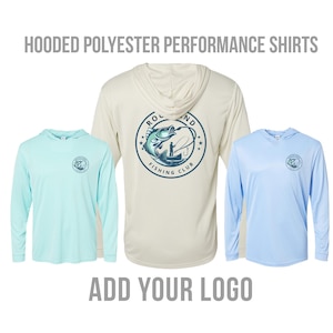 May include: Three hooded polyester performance shirts. One shirt is beige with a fishing club logo, one is light blue, and one is light green.