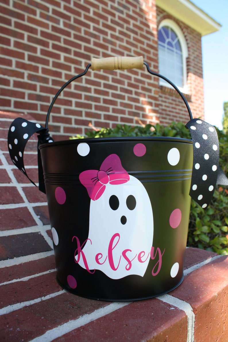 Personalized Halloween Bucket Metal Bucket Girly Ghost Etsy