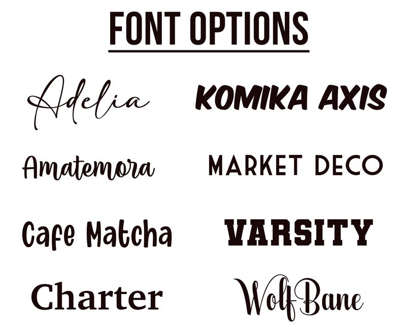 May include: A graphic image showing 10 different font options for a design project. The fonts are: Adelia, Komika Axis, Amatemora, Market Deco, Cafe Matcha, Varsity, Charter, Wolfbane.