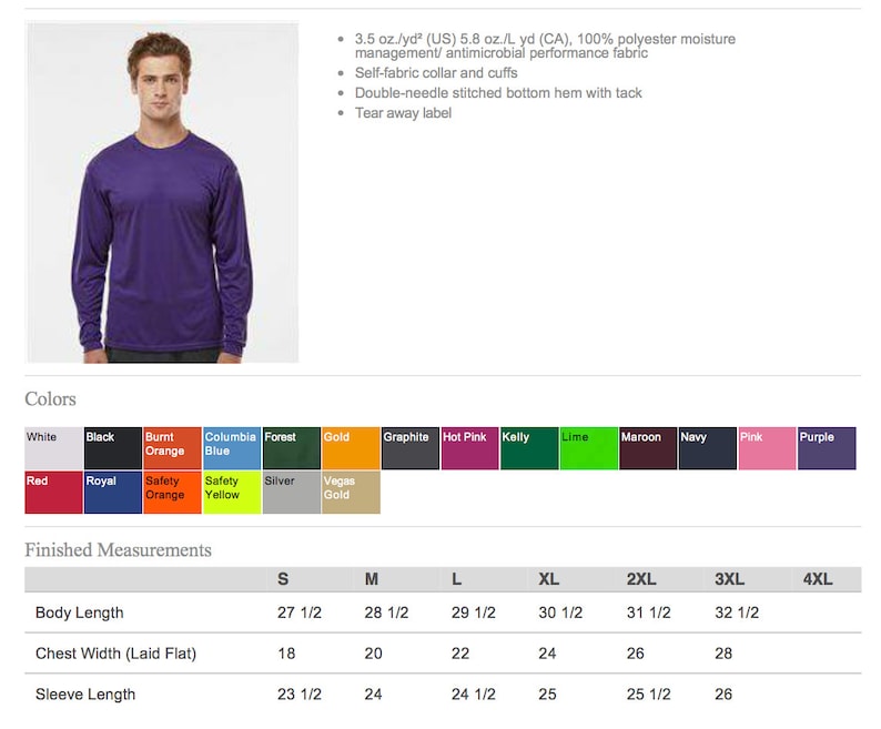 Pode incluir: Uma camisa de manga comprida roxa com uma tabela de tamanhos que mostra as medidas em polegadas para diferentes tamanhos. A tabela inclui o comprimento do corpo, a largura do peito e o comprimento da manga.