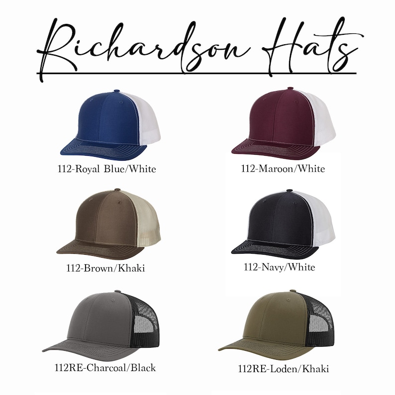May include: Six different color combinations of trucker hats. The hats are all the same style, with a mesh back and a solid front panel. The colors are: Royal Blue/White, Maroon/White, Brown/Khaki, Navy/White, Charcoal/Black, and Loden/Khaki.