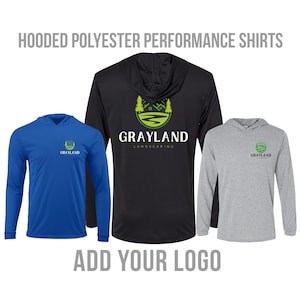 May include: Three hooded polyester performance shirts in blue, black, and gray. The shirts have long sleeves and a small logo on the chest. The black shirt has a larger logo on the back. The text "ADD YOUR LOGO" is at the bottom.