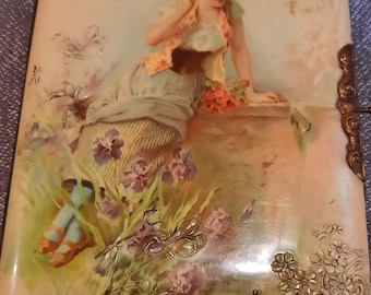 possibly Brundage Victorian Celluloid Photo Album depicting an Adorable Girl holding Her Kitten