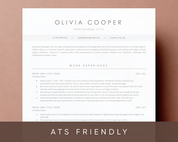 ATS Friendly Resume Template for Microsoft Word and Google Docs, Cover Letter and References, Resume Template Instant Download, CV Template