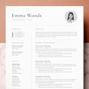 ONE Page Resume Template with Photo for Word, Pages | Cover Letter + References + Icons | CV Template, CV, Professional Resume Template Cv