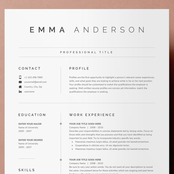 Clean Modern Resume Template 4 page | CV Template + Cover Letter + References for MS Word | Instant Digital Download | Resume Template Word