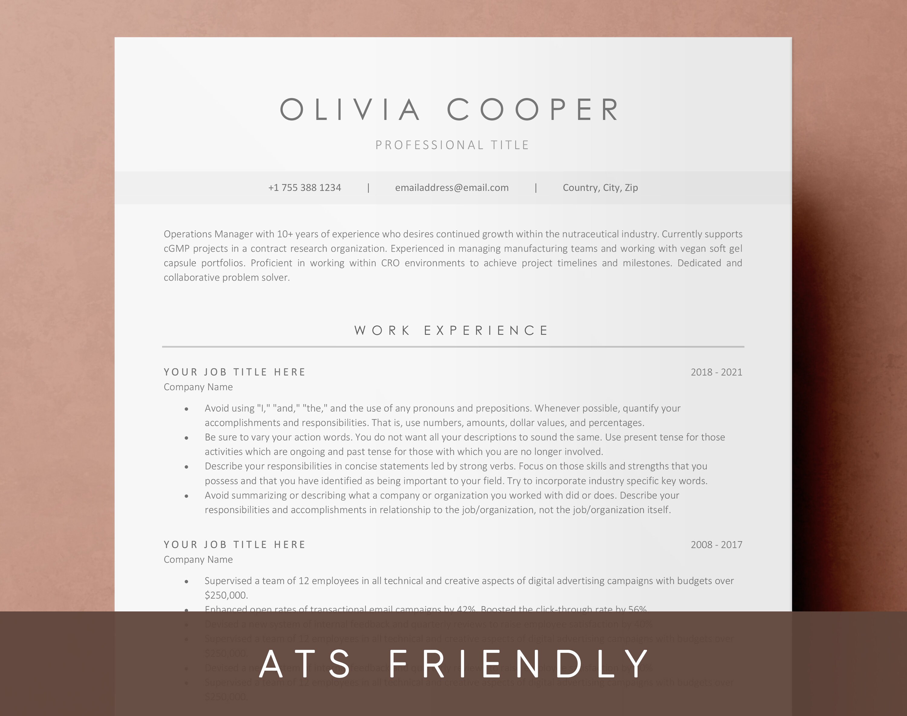 ATS Friendly Resume Template For Microsoft Word Cover Letter Etsy