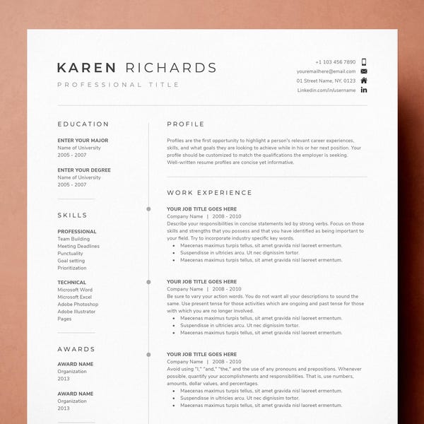 Modern, Clean Resume Template | CV Template + Cover Letter + References for Microsoft Word & Google Docs | Instant Digital Download, CV Word
