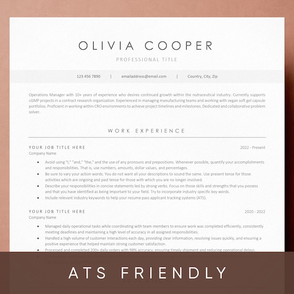 ATS Friendly Resume Template for Microsoft Word and Google Docs, Cover Letter and References, Resume Template Instant Download, CV Template