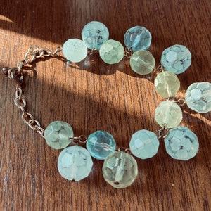 Chunky light green and light blue bracelet,upcycled,repurposed jewelry,frosted,water inspired,brass,boho,faceted plastic beads,adjustable