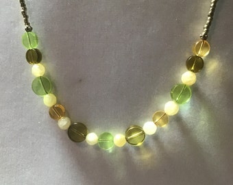 Green glass choker necklace,amber choker,gold necklace,gold and glass choker,fall colors,set available,geometric necklace,asymetric necklace