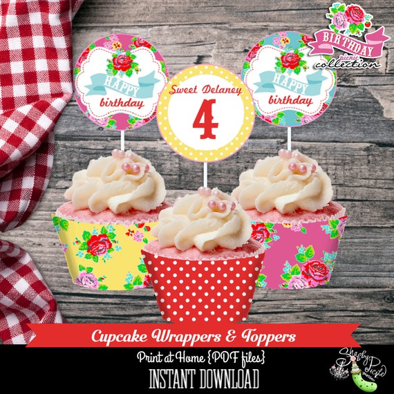 Birthday Party Picnic Cupcake Wrappers and EDITABLE ToppersParty