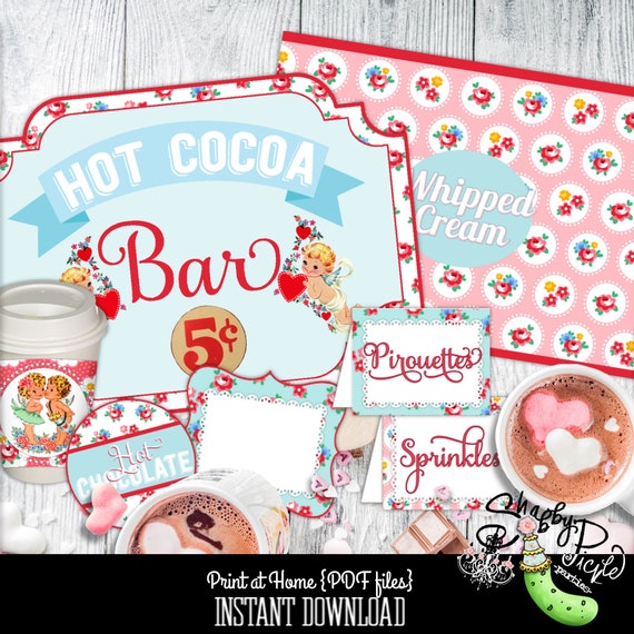 Hot Cocoa Bar Vintage Valentine Theme EDITABLE Personalize Party Printables Hot Chocolate Shabby