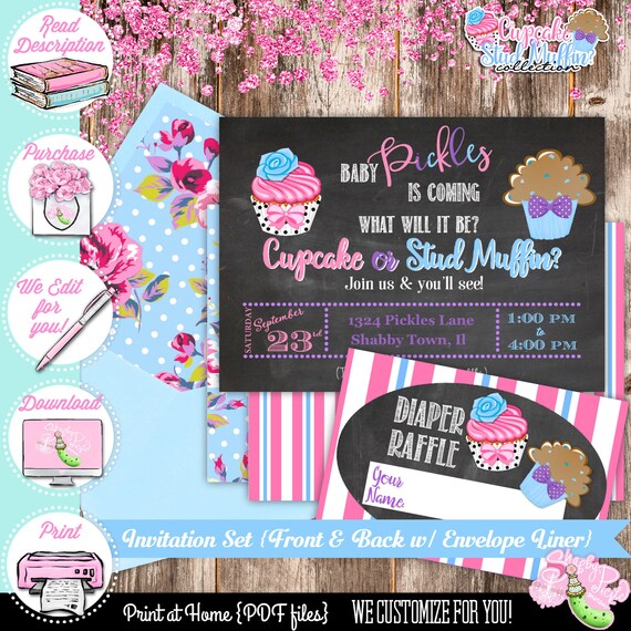 Gender Reveal Cupcake Or Stud Muffin Invitation Announcement Baby  Gender Reveal Cupcake Or Stud Muffin Invitation Announcement Baby