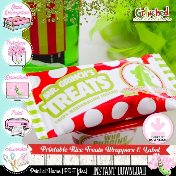 Grinched-Krispy Treat Labels and Wrappers-Printable-Uneditable-Christmas-Grinch Party-Favors-Custom Labels-Holiday-Digital-INSTANT DOWNLOAD Il_570xn