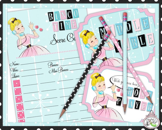 Bunco Time BRIGHT-Score Card-Table Signs-Pencil Covers-Girls Night-Game Night-50's-Print At Home-Printable Party-Printables-INSTANT DOWNLOAD Il_570xn