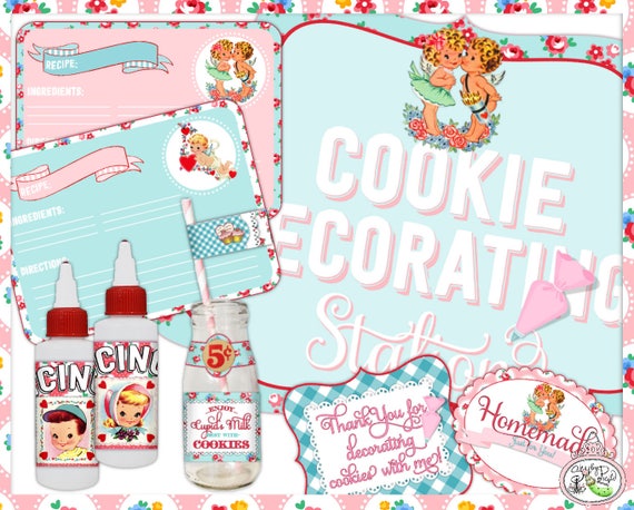 Cookie Decorating Party-Vintage Valentine Theme-EDITABLE-Personalize-Recipe Cards-Party Printables-Parties-Signs-Milk & Cookies-Icing Wraps Il_570xn
