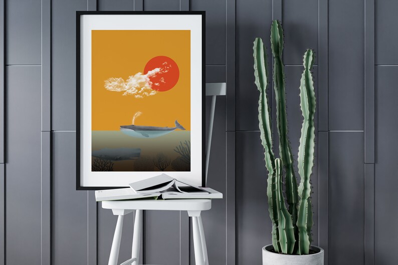 Typographic printing Decorative wall print Sea Print with illustration Illustration with whales Yellow and blue. Home decor