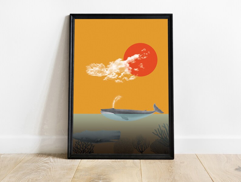Typographic printing Decorative wall print Sea Print with illustration Illustration with whales Yellow and blue. Home decor