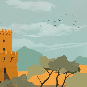 May include: A digital illustration featuring a tall, mustard-yellow stone tower with crenelated battlements on the left, set against a pale blue sky with soft clouds, green hills, and a flock of small black birds flying in the distance.