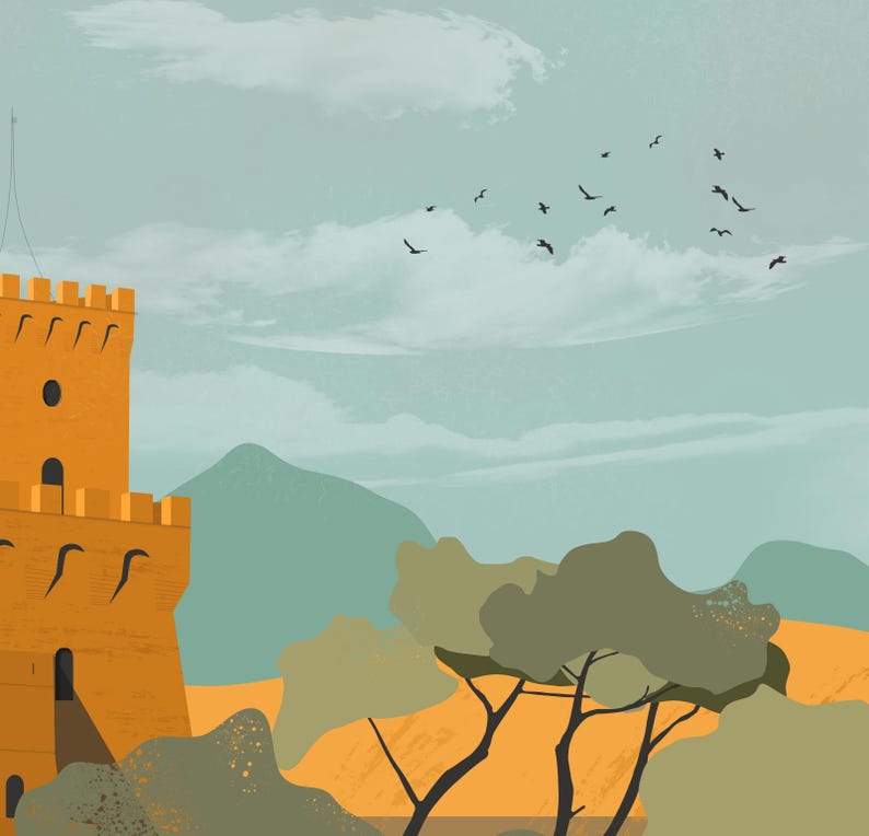 May include: A digital illustration featuring a tall, mustard-yellow stone tower with crenelated battlements on the left, set against a pale blue sky with soft clouds, green hills, and a flock of small black birds flying in the distance.