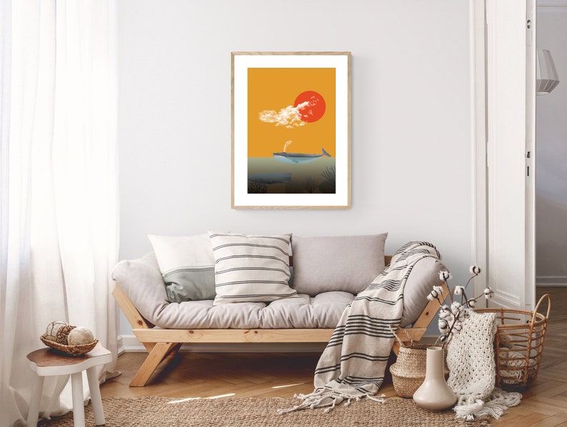 Typographic printing Decorative wall print Sea Print with illustration Illustration with whales Yellow and blue. Home decor