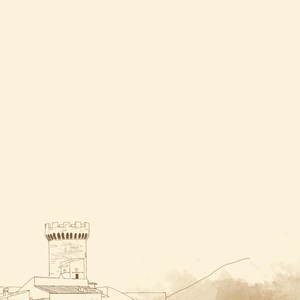 May include: A line drawing illustration in brown ink on a cream background depicting a stone tower with battlements rising above a series of low-roofed buildings with arched windows, set against a faint, watercolor-style landscape outline.