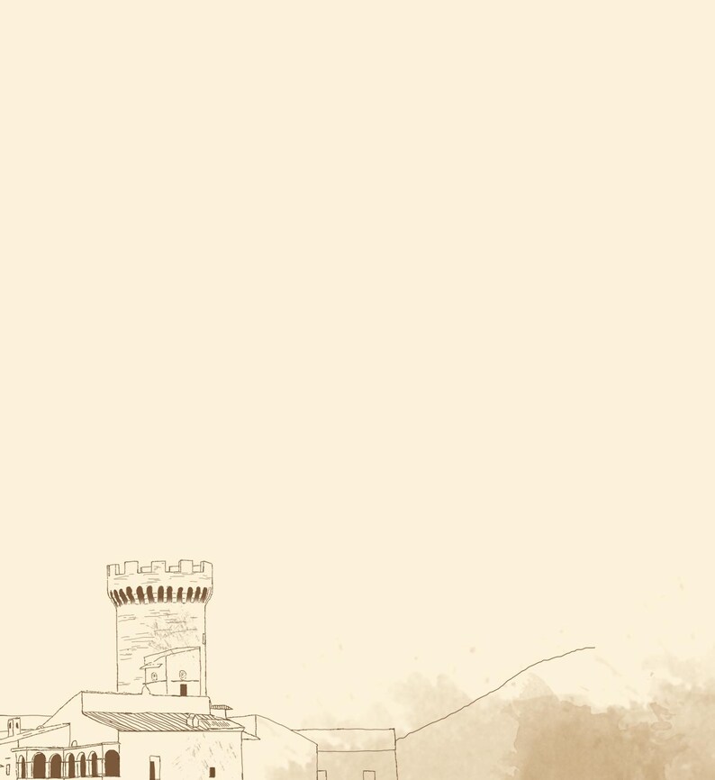 May include: A line drawing illustration in brown ink on a cream background depicting a stone tower with battlements rising above a series of low-roofed buildings with arched windows, set against a faint, watercolor-style landscape outline.