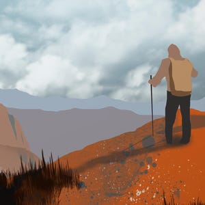 May include: Two people stand on a mountaintop overlooking a valley. The person in the foreground is wearing a brown jacket and holding a walking stick. The person in the background is wearing a yellow jacket. The sky is cloudy and the mountains are a muted brown and gray.