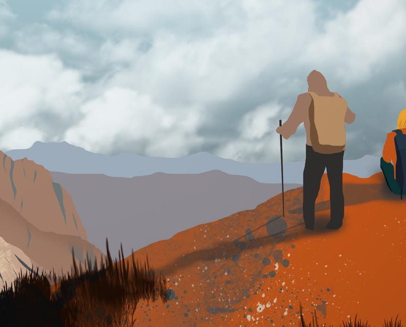 May include: Two people stand on a mountaintop overlooking a valley. The person in the foreground is wearing a brown jacket and holding a walking stick. The person in the background is wearing a yellow jacket. The sky is cloudy and the mountains are a muted brown and gray.