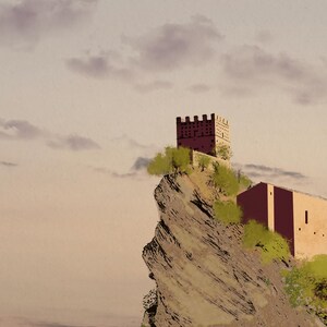 May include: A digital illustration of a stone castle tower with crenelated battlements perched atop a jagged, rocky cliffside. Green trees grow along the steep slope, and a secondary building with a flat roof sits lower on the rock face against a sky.