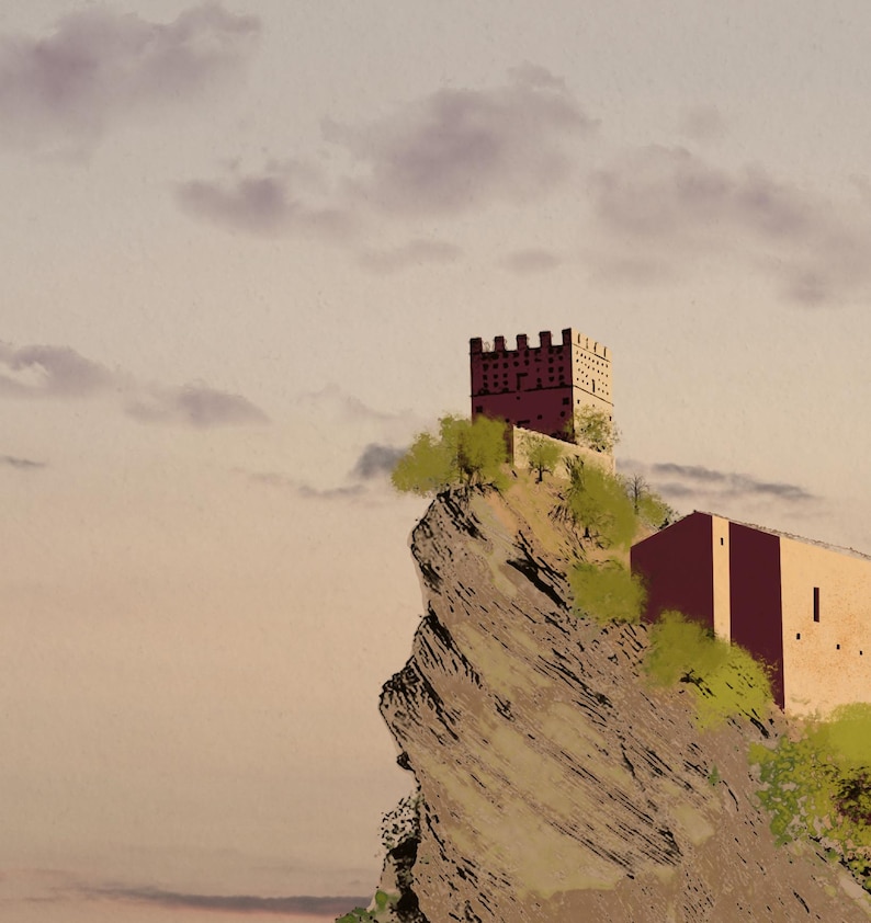 May include: A digital illustration of a stone castle tower with crenelated battlements perched atop a jagged, rocky cliffside. Green trees grow along the steep slope, and a secondary building with a flat roof sits lower on the rock face against a sky.