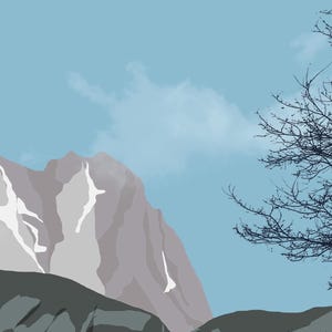 May include: A digital illustration of a jagged mountain peak with patches of white snow against a light blue sky. To the right, the dark, intricate silhouette of a leafless tree extends into the frame, contrasting with the mountain landscape.