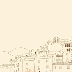 May include: A line art illustration of a hillside village featuring multiple multi-story buildings with rectangular windows, balconies, and a prominent church tower with arched openings. The scene is rendered in brown ink on a cream background.