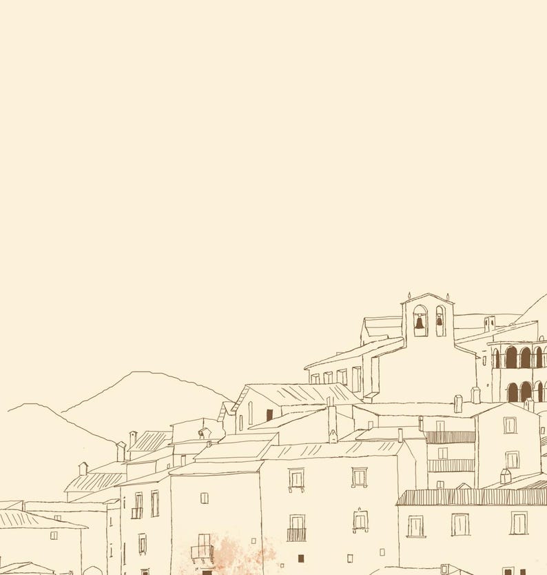 May include: A line art illustration of a hillside village featuring multiple multi-story buildings with rectangular windows, balconies, and a prominent church tower with arched openings. The scene is rendered in brown ink on a cream background.