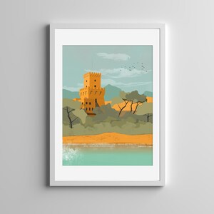 May include: A framed art print featuring a yellow stone tower with battlements situated among green trees and hills near a sandy beach and turquoise water. The sky is a pale blue with soft clouds and a small flock of birds flying in the distance.